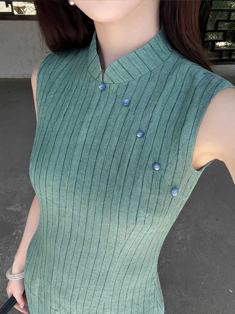 Chinese Style Vintage Stripe Improved Cheongsam Women's Sleeveless Slimming Dress