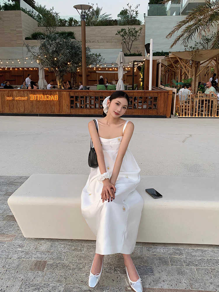 White Dress Women's Printed Slim Fit Square Collar Suspender Dress