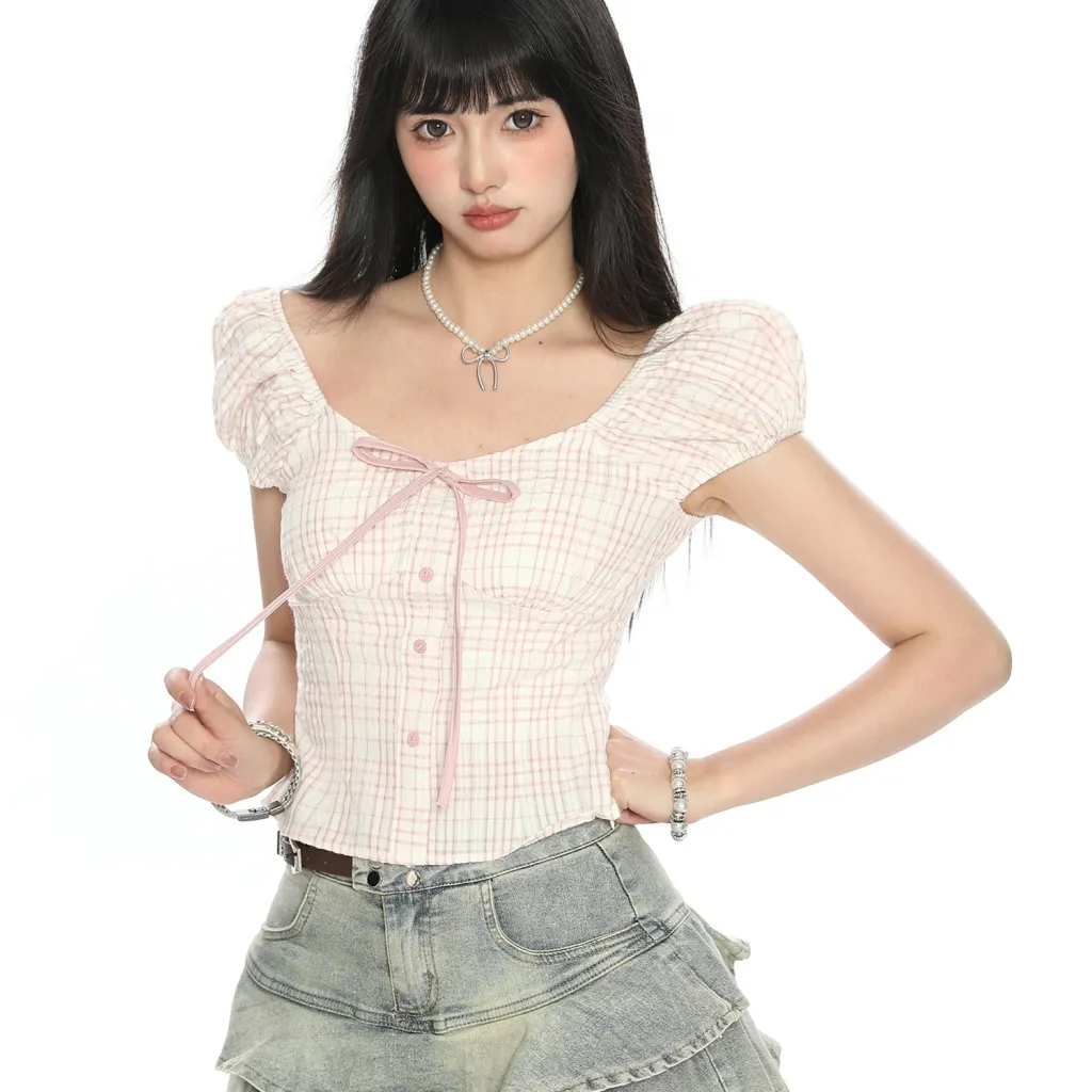 Women's Puff Sleeve Bow Bandage Short-sleeved T-shirt - Pink