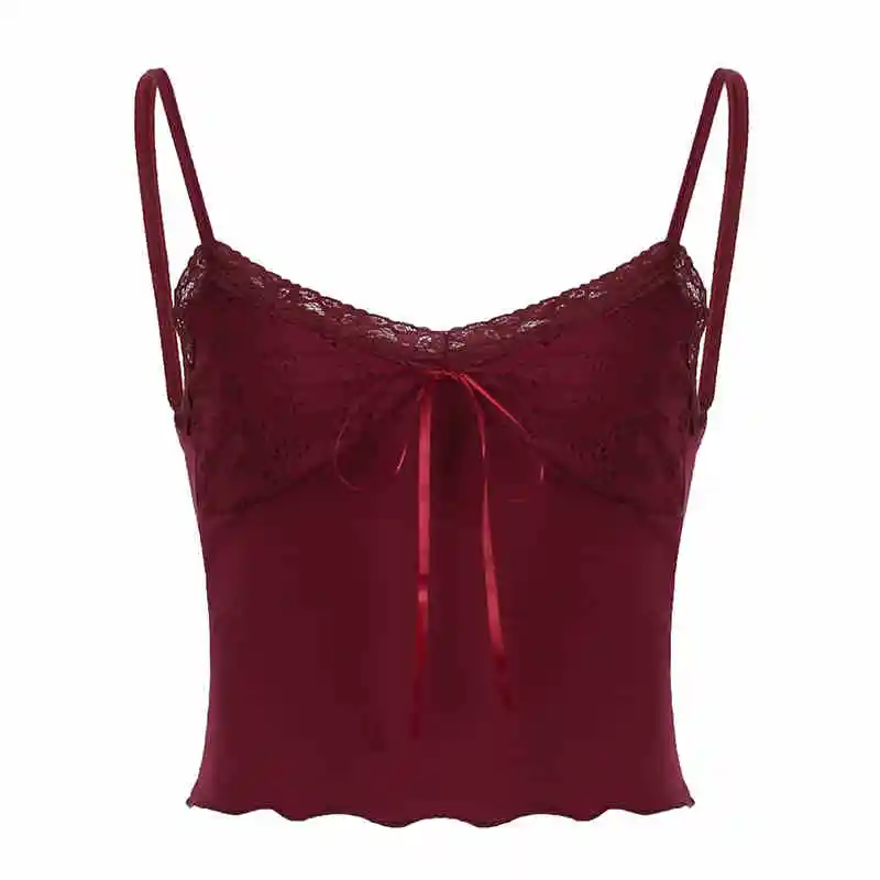 Red Lace Stitched Backless Small Sling Tied Slim Fit Vest - Red