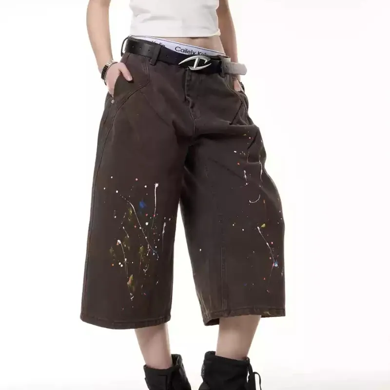 Retro Paint-splashing Style Graffiti Denim Shorts Baby Boy And Girl Summer Loose Straight - Brown