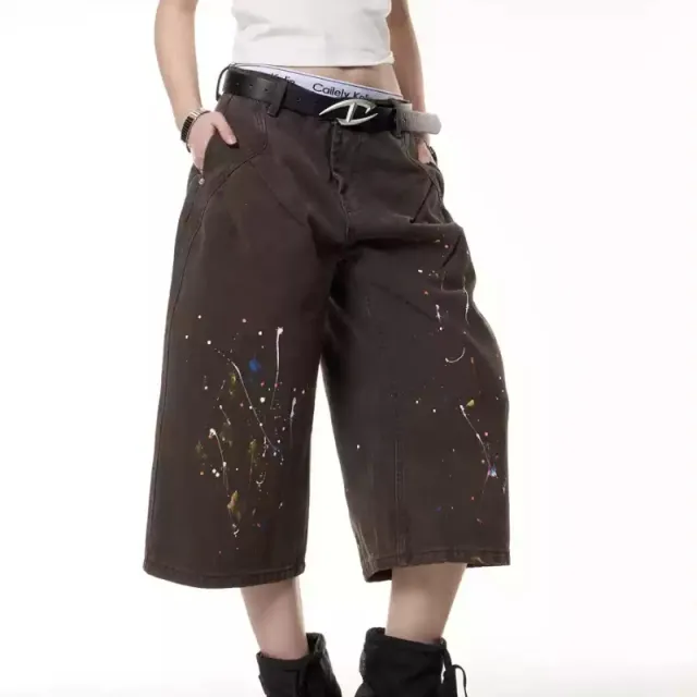 Retro Paint splashing Style Graffiti Denim Shorts Baby Boy And Girl Summer Loose Straight Brown - Shop at LoveMi