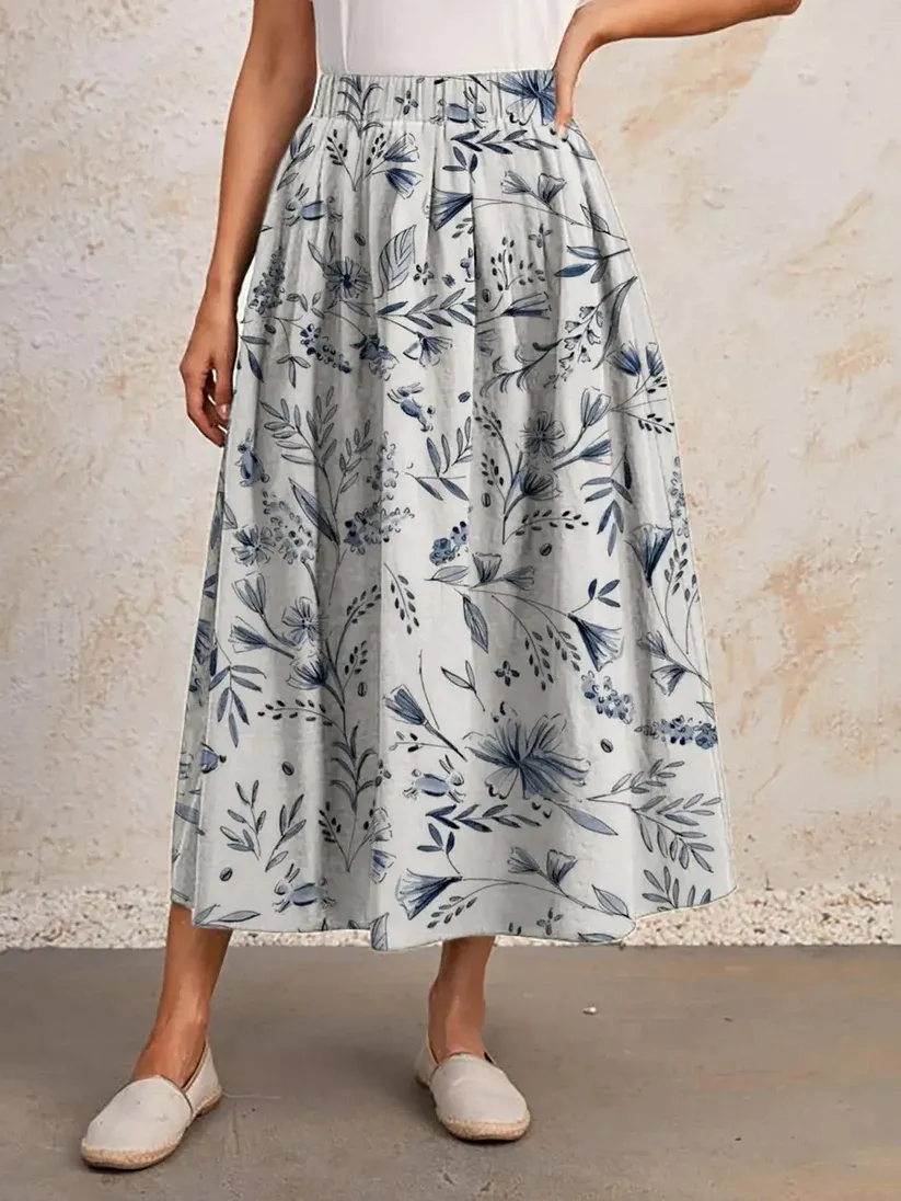 Printed Elastic Waist Slimming Large Hem Skirt - Picture B