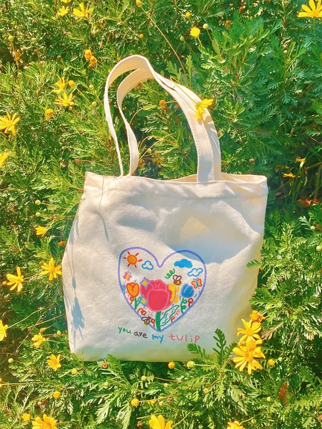 Women's Canvas Bag Large Capacity Southeast Asia Literary Academy Heart Tulip 40X37Cm - Shop at LoveMi
