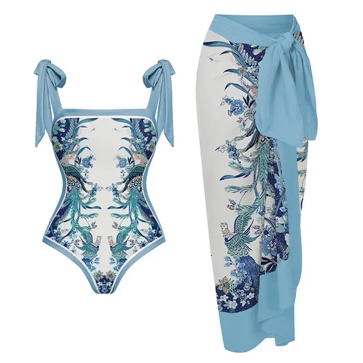 Conservative Hot Spring Vacation Swimsuit Wrapped Skirt Set - Y172 Blue Set A