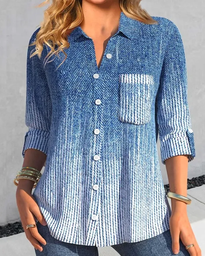 Casual Polo Collar Women's Plaid Simple Floral Print Mid-length Sleeves Shirt - Blue