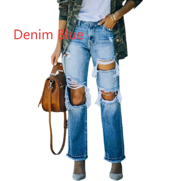 Ripped Foot Burr Fashion Straight Pants Denim Blue - Shop at LoveMi