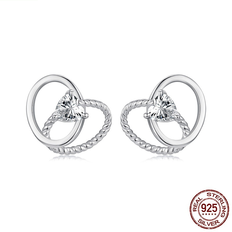 S925 Sterling Silver Mother's Day Double Ring Love Heart Stud Earrings