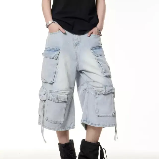 Retro Multi pocket Denim Cargo Pants Shorts Women's Summer Loose Washed out Blue - Shop at LoveMi