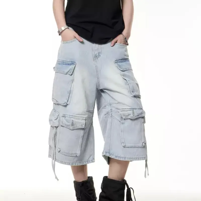 Retro Multi-pocket Denim Cargo Pants Shorts Women's Summer Loose Washed-out - Blue