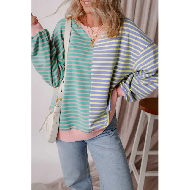 Women's Colorful Striped Round Neck Loose Sweatshirt Style 1 - Shop at LoveMi