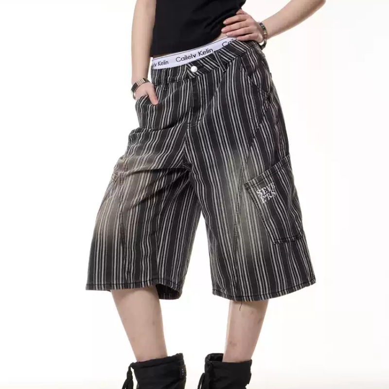 Retro Distressed Striped Cropped Trousers Women's Wide Leg Deep Black Color - Shop at LoveMi