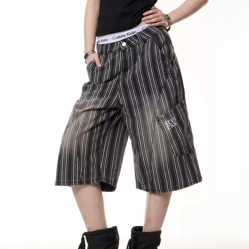 Retro Distressed Striped Cropped Trousers Women's Wide Leg - Deep Black Color