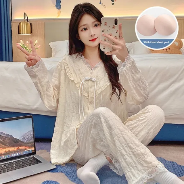 New Pajamas Women's Cute Sweet Home Wear With Chest Pad Apricot - Shop at LoveMi