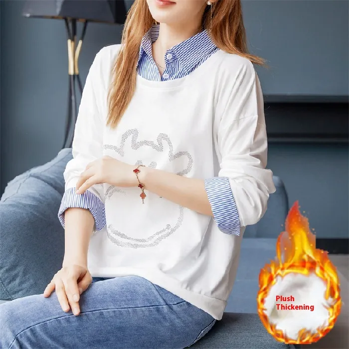 Women's Autumn Winter False-two-piece Sweater Shirt Collar - White Velvet
