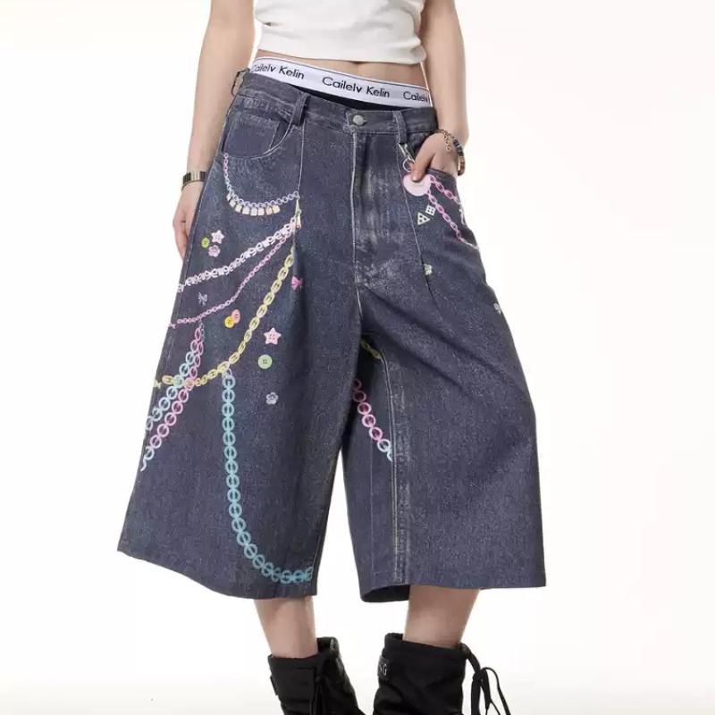 Retro Color Chain Printed Cropped Jeans For Women Denim Blue - Shop at LoveMi