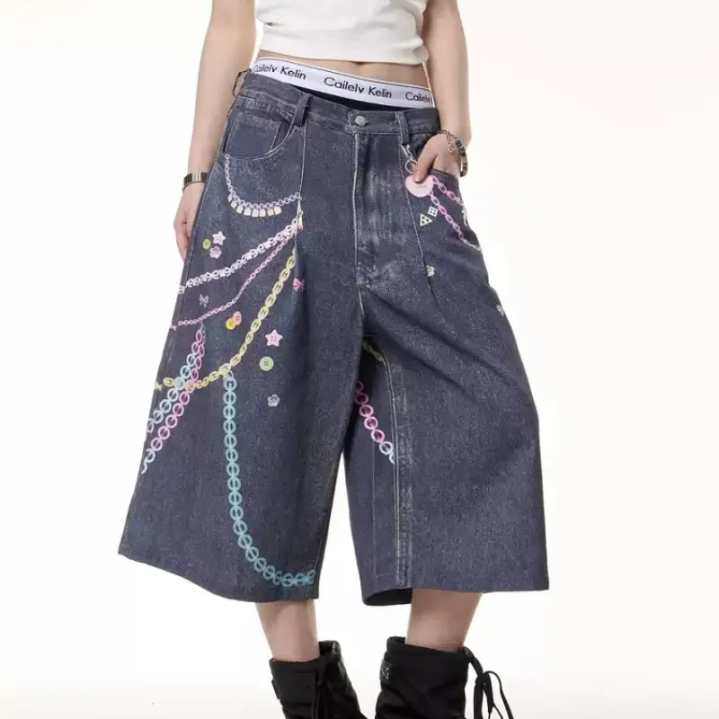 Retro Color Chain Printed Cropped Jeans For Women - Denim Blue