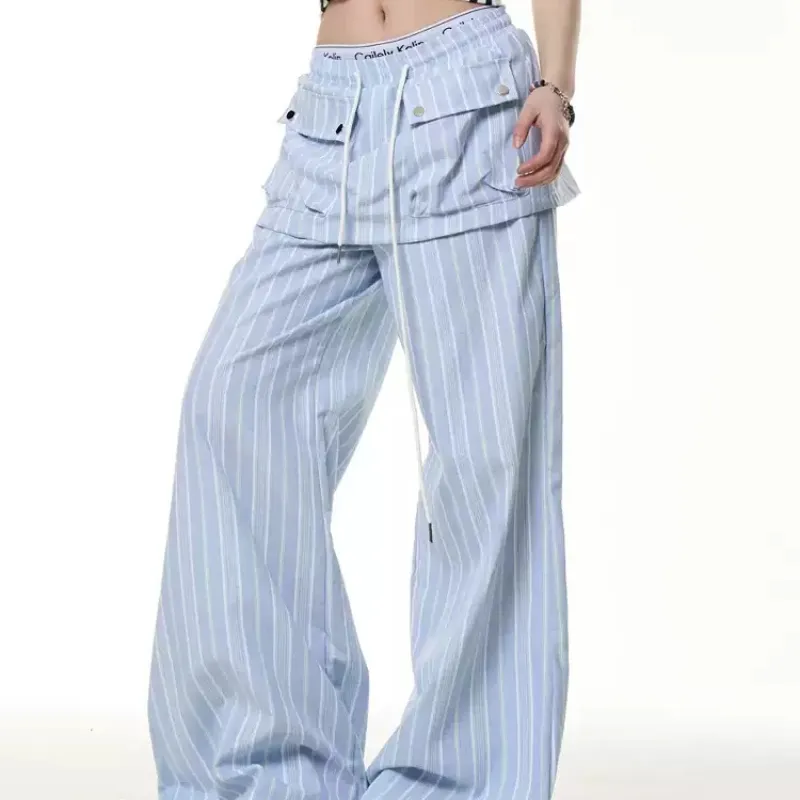 Vintage Stripe Fake Two Pieces Dungarees Women's Loose Straight