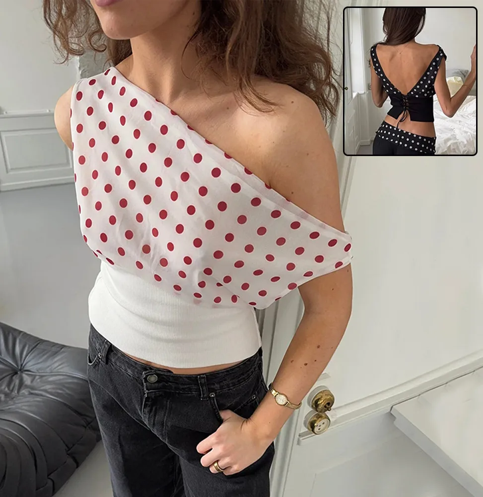 Polka Dots Print Oblique Shoulder Tops Summer Patchwork Chiffon