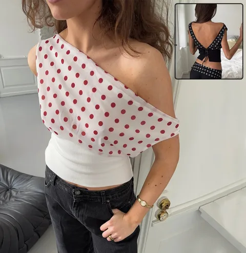 Polka Dots Print Oblique Shoulder Tops Summer Patchwork Chiffon
