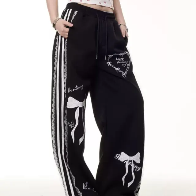 Vintage Bow Lace Casual Pants Summer Elastic Waist Black - Shop at LoveMi