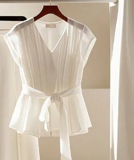 Fashionable French White Top With Temperament Slimming Two-piece Pants - White Single Top
