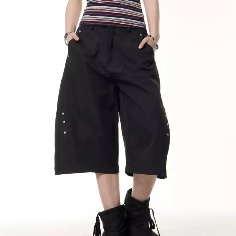 Retro Rivet Machete Cropped Trousers Casual - Black