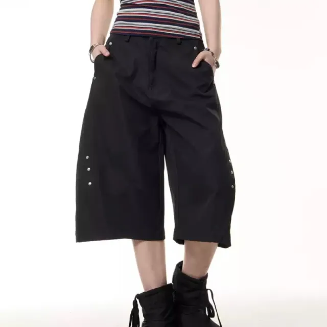 Retro Rivet Machete Cropped Trousers Casual Black - Shop at LoveMi