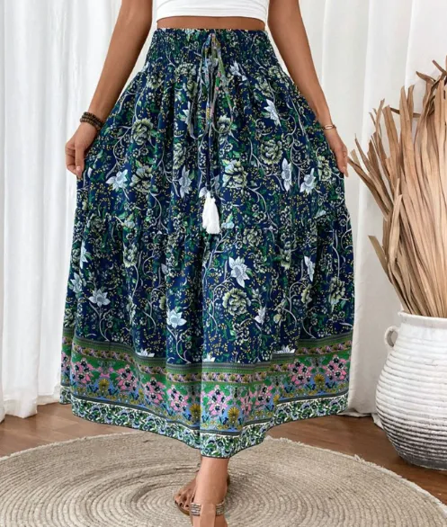 Women's Fashion Waist-controlled Simple Floral Print Tassel Skirt - Dark Blue