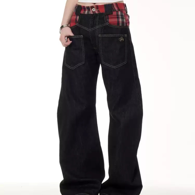 Retro Plaid Stitching Reverse Pocket Design Jeans Black - Shop at LoveMi