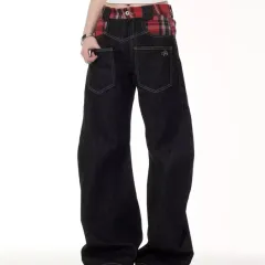 Retro Plaid Stitching Reverse Pocket Design Jeans - Black - View 1