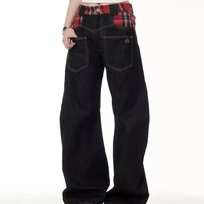 Retro Plaid Stitching Reverse Pocket Design Jeans - Black