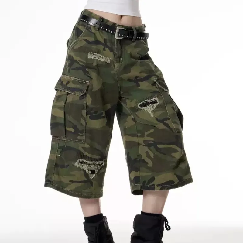 Retro Patch Ripped Camouflage Cropped Pants For Women Summer New - Camouflage