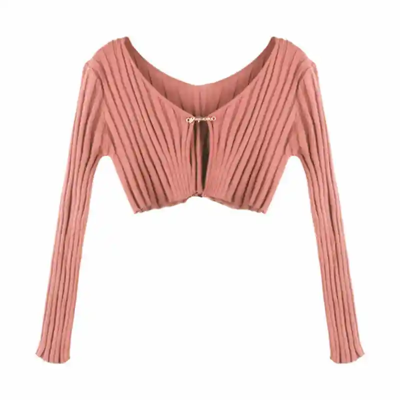 Deep V-neck Low Cut Cardigan Top Ultra-short Shawl - Leather Pink