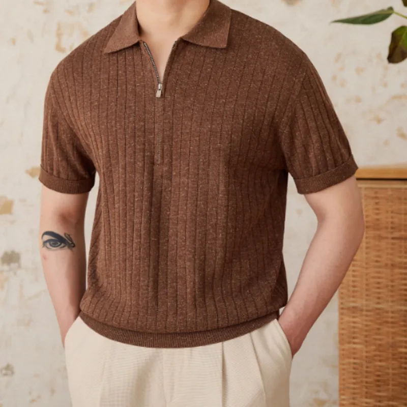 Linen Blend Lapel Zipper Sunken Stripe Short Sleeve