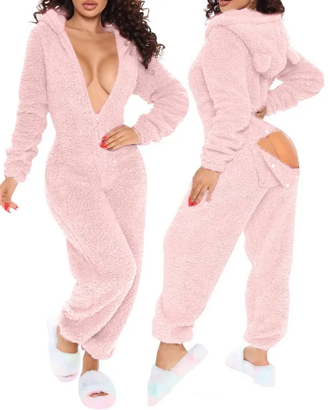 Long Sleeve Hooded Trousers Plush Homewear Pajamas Jumpsuit Xh8021A Pi S - Shop at LoveMi
