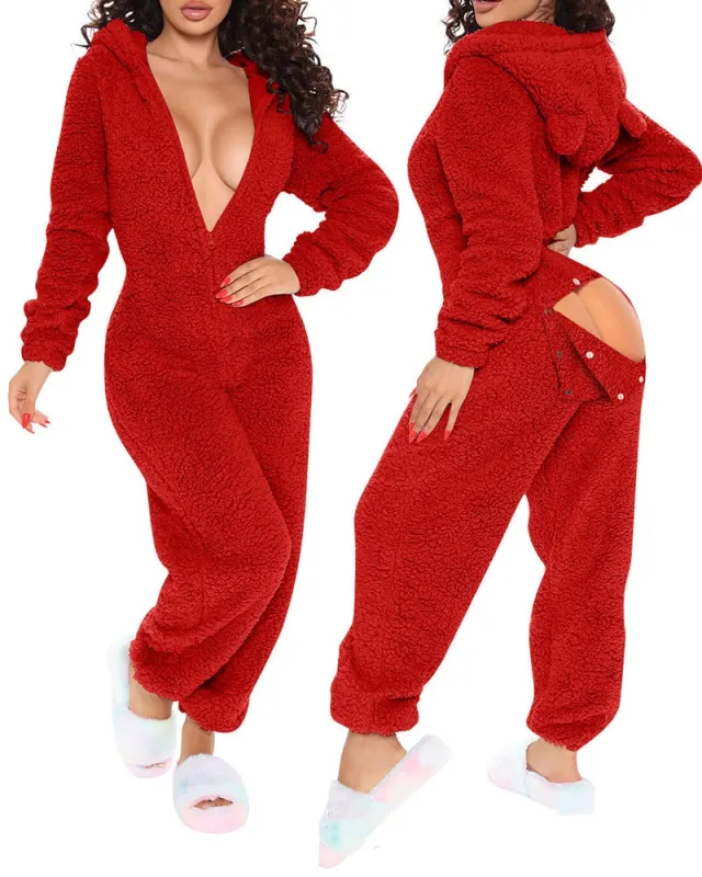 Long Sleeve Hooded Trousers Plush Homewear Pajamas Jumpsuit Xh8021A R - Shop at LoveMi