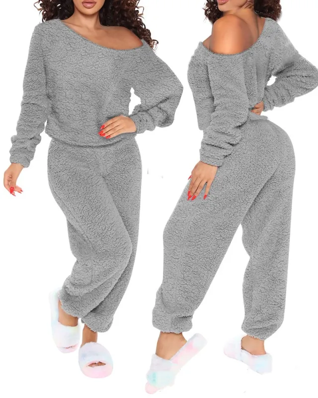 Long Sleeve Hooded Trousers Plush Homewear Pajamas Jumpsuit Xh8021O - Shop at LoveMi