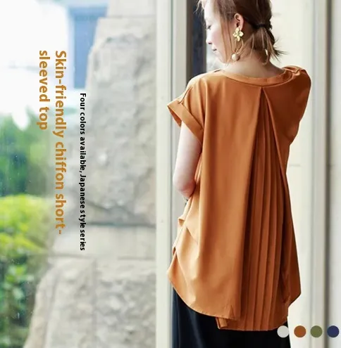 Women's Loose V neck Short Sleeve Pleated Irregular Stitching Shirt Orange - Shop at LoveMi