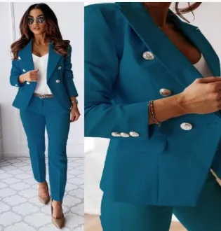 New All-matching Casual Suit Lapel Button-down Jacket And Slim-fit Trousers For Women's Office Business Set Clothing - Peacock Blue