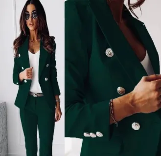 New All matching Casual Suit Lapel Button down Jacket And Slim fit Trousers For Women's Office Business Set Clothing Blackish Green - Shop at LoveMi