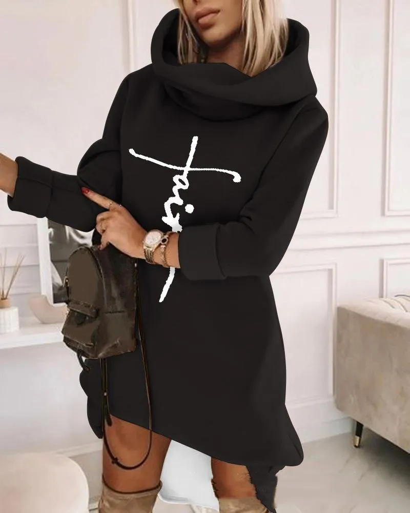 Women's Turtleneck Hooded Mid-length Sweater - Lzs6106A2 Bk-S