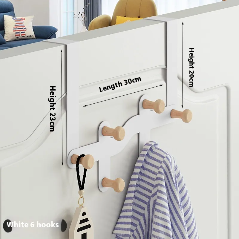 Hanging Clothes Rack Storage Hook Behind The Nail Free Door - Ivory White 6 Hooks