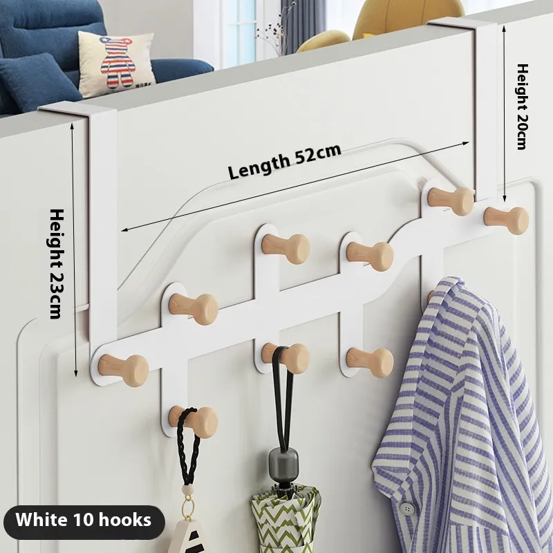 Hanging Clothes Rack Storage Hook Behind The Nail Free Door - Ivory White 10 Hooks