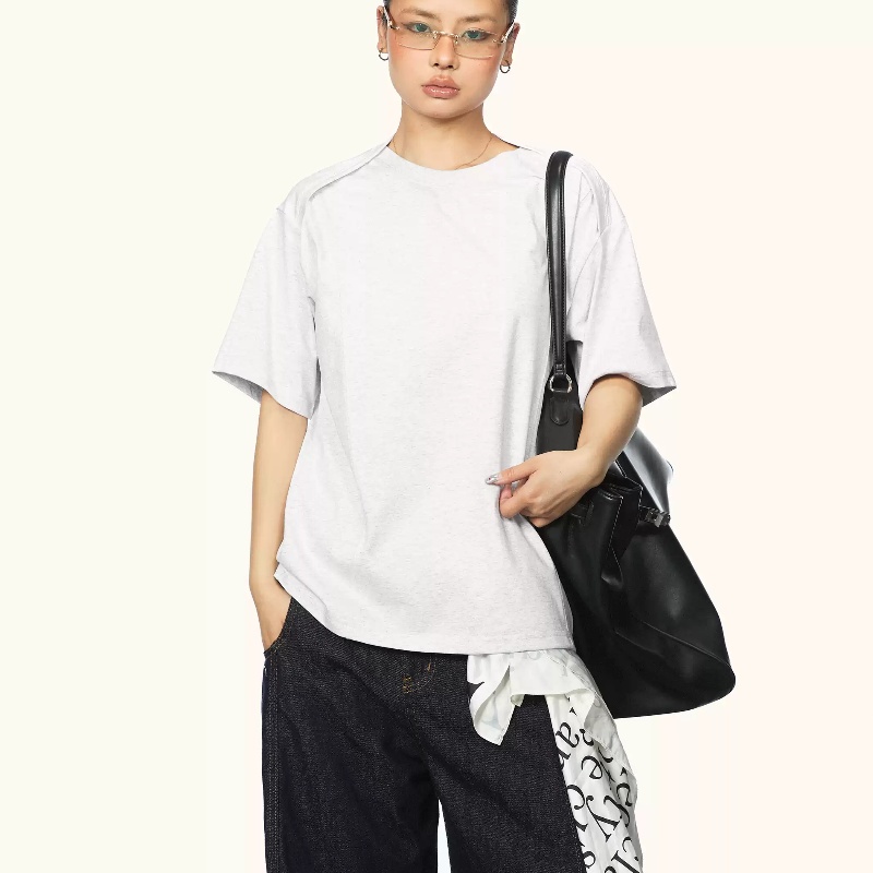 Retro Round Neck Short Sleeves T-shirt Women's Summer Stitching Design Sense