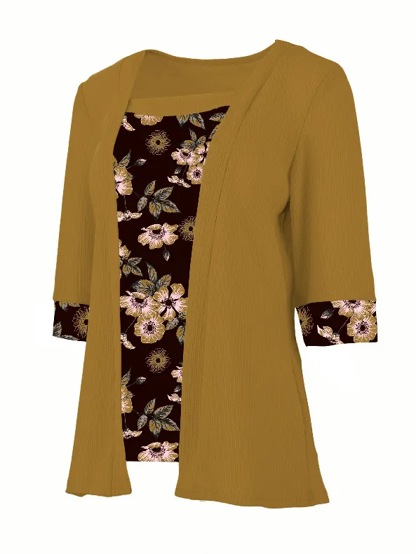 Women's Fake Two piece Five quarter Sleeve Printed Top T shirt Yellowish Brown - Shop at LoveMi