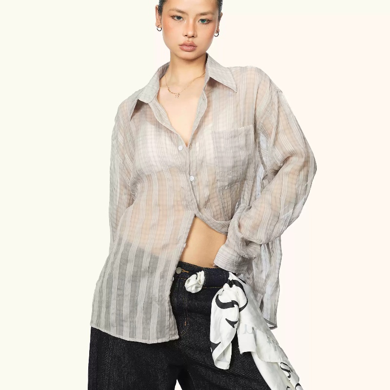 Women's Pleated Micro transparent Plaid Long sleeved Shirt Summer New Light Gray - Shop at LoveMi