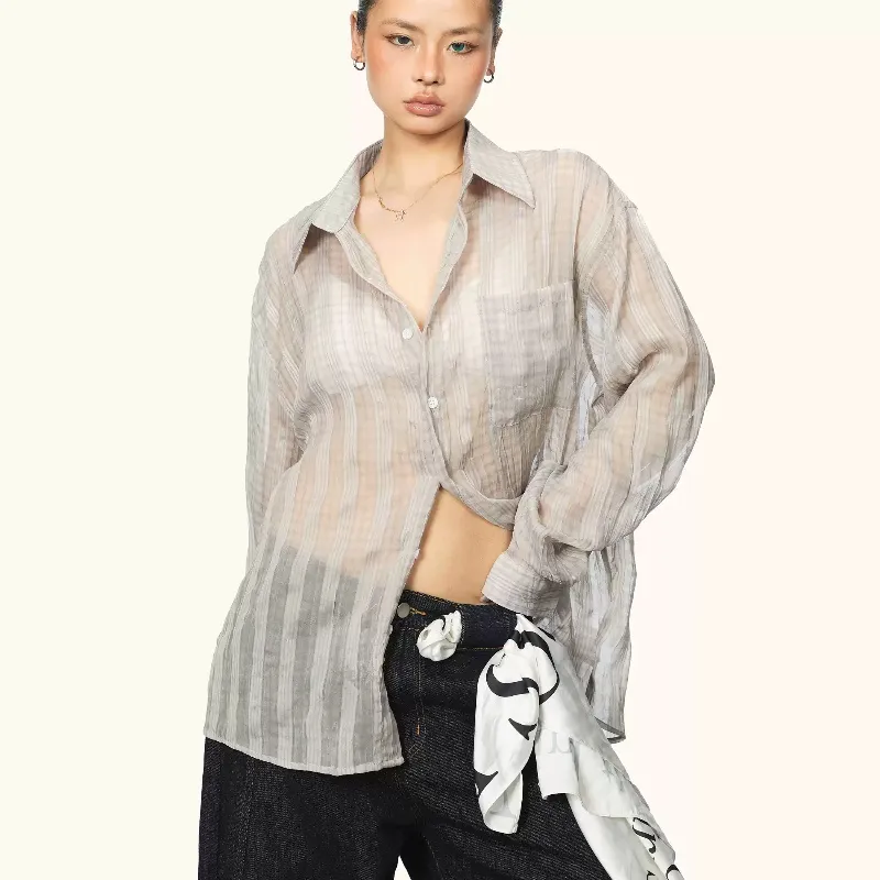 Women's Pleated Micro-transparent Plaid Long-sleeved Shirt Summer New - Light Gray