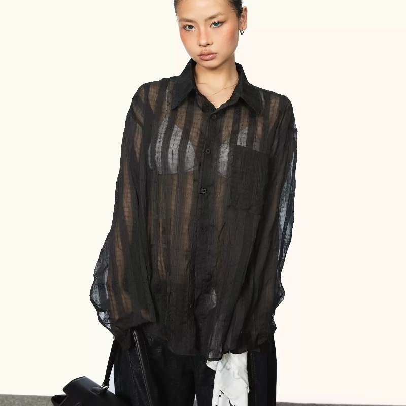 Women's Pleated Micro-transparent Plaid Long-sleeved Shirt Summer New