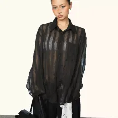 Women's Pleated Micro-transparent Plaid Long-sleeved Shirt Summer New - Black - View 1